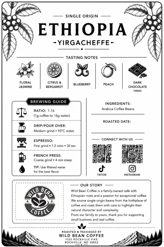 Ethiopian Yirgacheffe coffee bag label